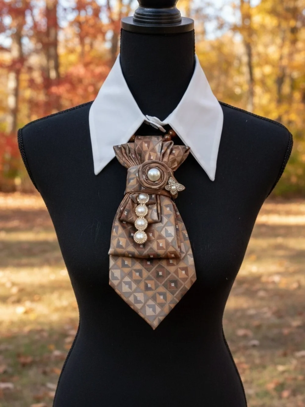 Women's Brown Geometric Statement Necklace Cravat with Pearl Accents